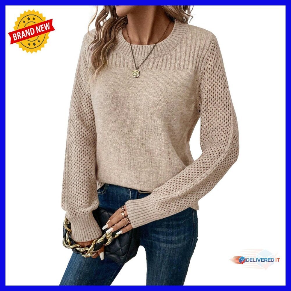 Long Sleeve Crewneck Crochet Knit Pullover Sweater Women's Casual Tops